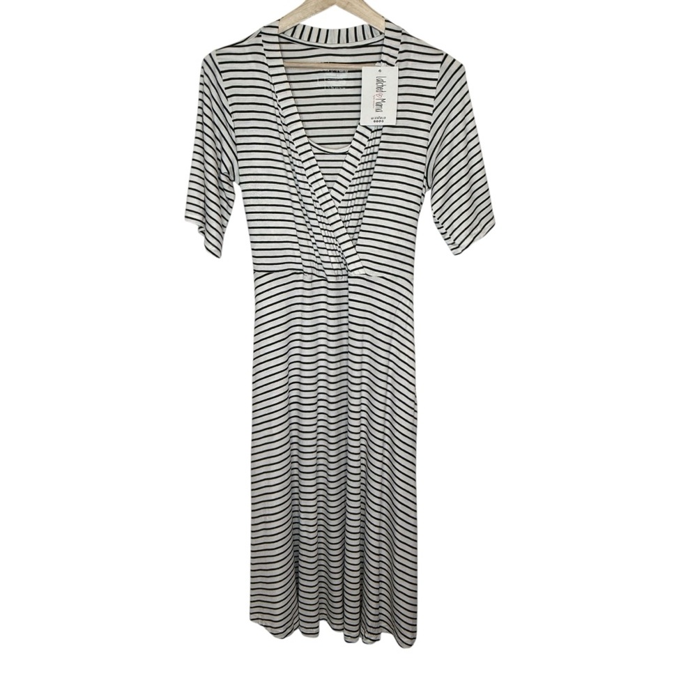 Latched Mama Nursing Midi Wrap Dress Black and White Striped Large Minimalist